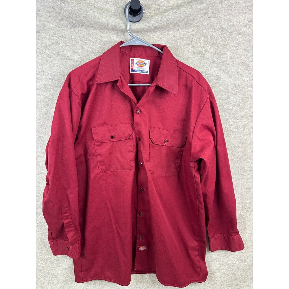 Dickies Mens Large Burgundy Red Long Sleeve Work Shirt Button Front 2 Pocket